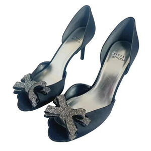 Stuart Weitzman Alas Crystal-Bow d’Orsay Black Satin Pump Women's Size 8.5